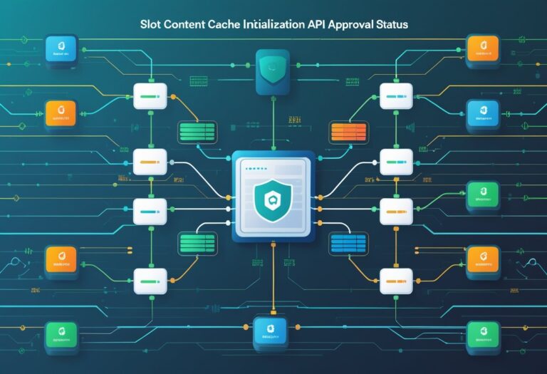 API 승인 상태에 따라 슬롯 콘텐츠 캐시가 초기화되는 구조를 보여주는 디지털 대시보드와 연결된 모듈들