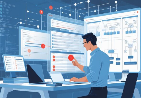 API 응답 불일치로 인한 승인 실패 예외처리 과정을 분석하는 소프트웨어 엔지니어와 데이터 흐름이 보이는 사무실 장면