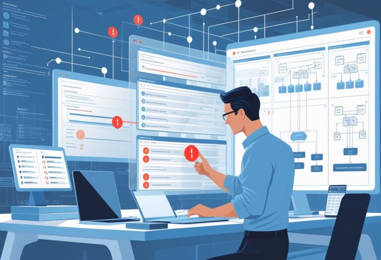 API 응답 불일치로 인한 승인 실패 예외처리 과정을 분석하는 소프트웨어 엔지니어와 데이터 흐름이 보이는 사무실 장면
