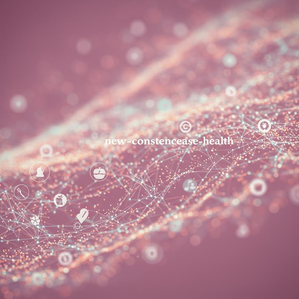 텍스트와 함께 의료 아이콘들이 연결된 네트워크 선으로 오버레이된 분홍색 반짝이는 추상적 배경