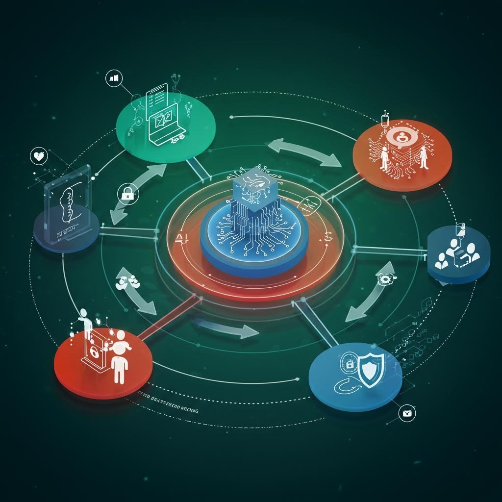 온카스터디 디지털 헬스 사이클: 중앙 AI 코어에서 데이터·보안·사용자 연결된 원형 다이어그램.