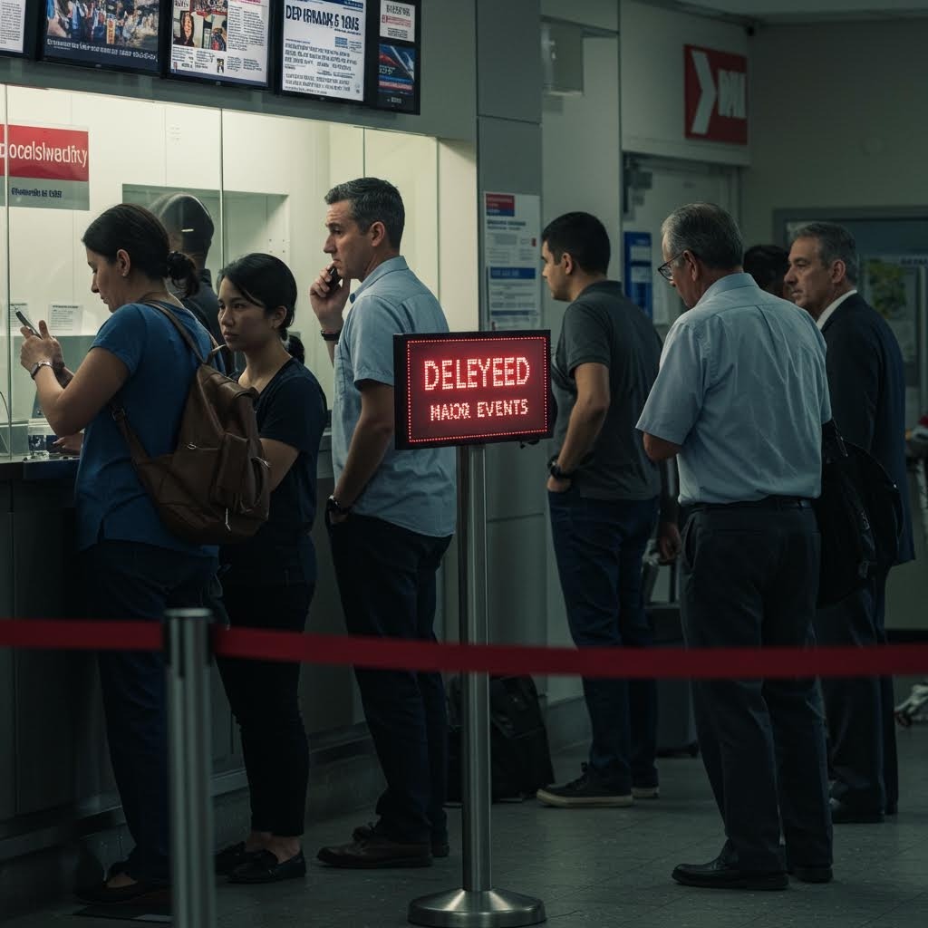 은행 창구 앞에 사람들이 줄을 서 있고 “DELAYED MAJOR EVENTS”라는 전광판이 표시된 금융 서비스 지연 상황