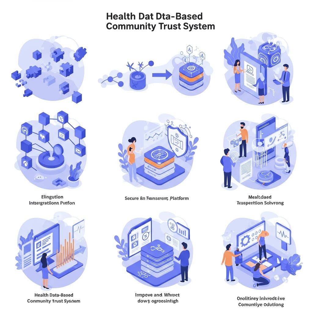 파란 톤 6개 일러스트: 데이터 큐브 → 블록체인 → 보안 플랫폼 → 투명 공유 → 커뮤니티 신뢰 시스템까지, 'Health Data-Based Community Trust System' 개념 다이어그램.