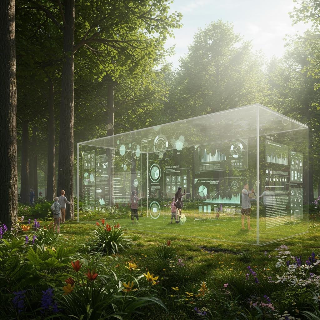 온카스터디 숲속 AR 헬스: 투명 디스플레이에 건강 데이터 표시된 가족 야외 활동 장면.