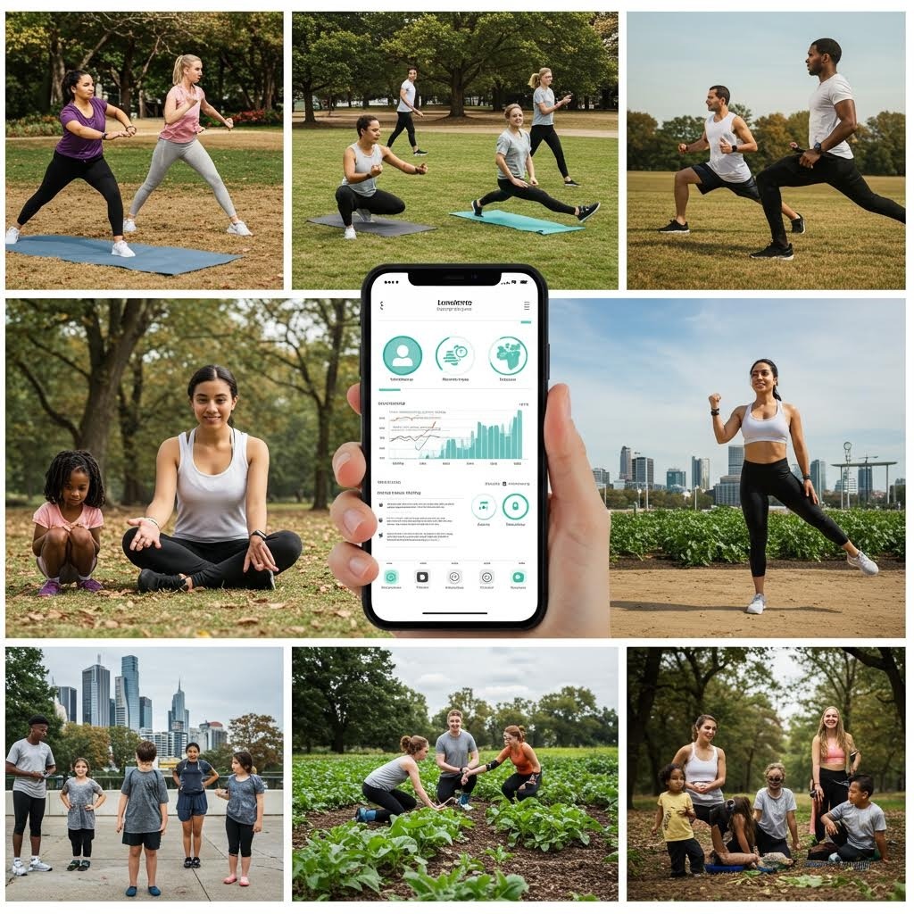 온카스터디 웰니스 콜라주: 공원 요가·런닝·명상, 피트니스 앱 화면, 채소 수확 장면 모음.