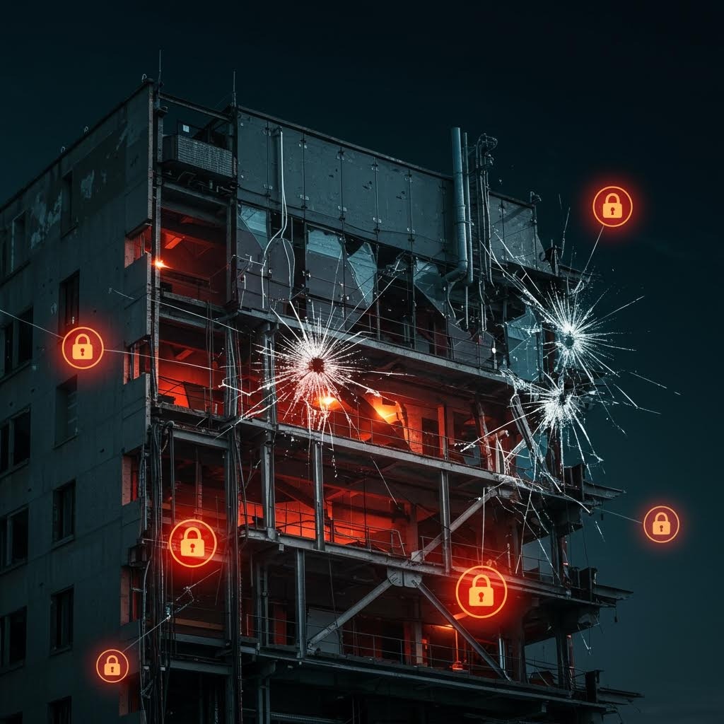 총탄 자국과 균열이 난 건물 외벽에 보안 자물쇠 아이콘이 표시된 사이버·물리적 취약점 경고 이미지