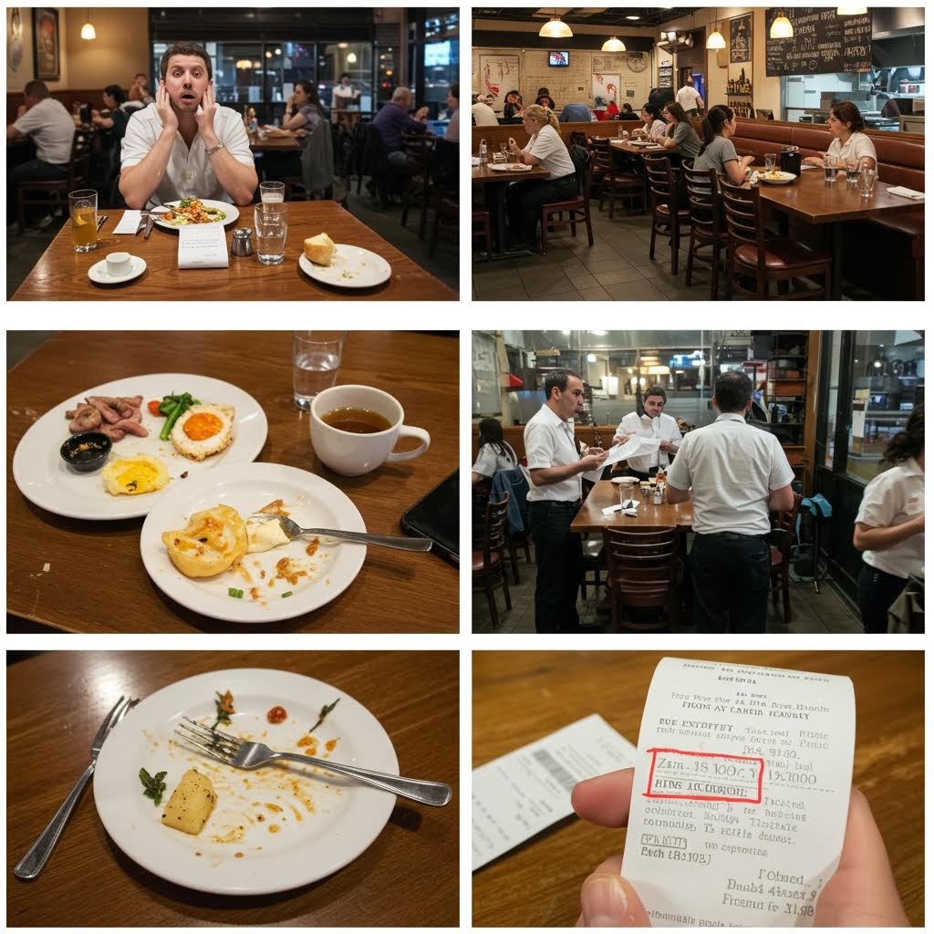 레스토랑에서 식사 후 영수증을 확인하며 놀라는 손님, 빈 접시들, 직원과의 대화 장면으로 구성된 식당 서비스 경험 이미지