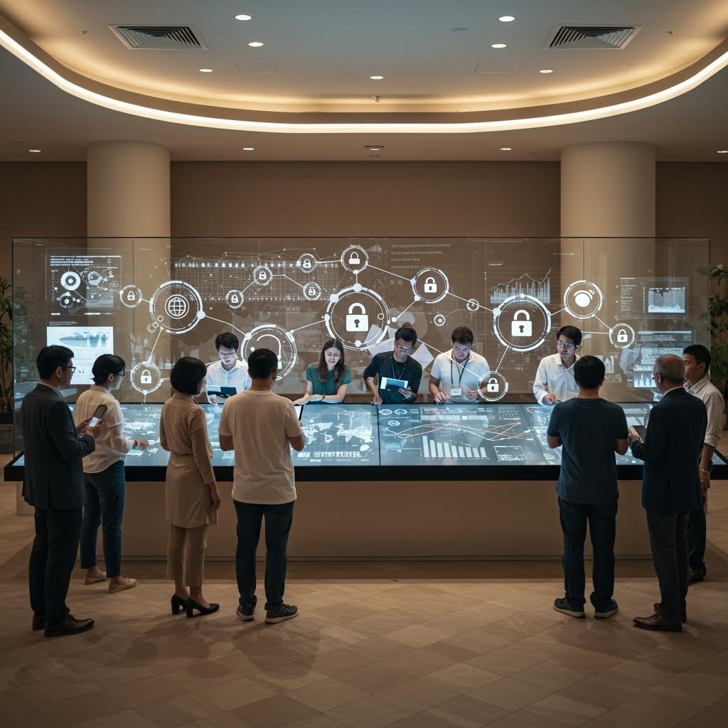 온카스터디 보안 컨퍼런스: 홀로그램 보안·데이터 흐름도 앞 회의 중인 팀 장면.