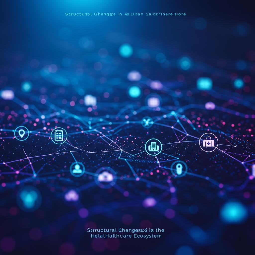 온카스터디 헬스케어 생태계: 4차 산업 헬스케어 시스템 연결된 네트워크 아이콘 그래픽.