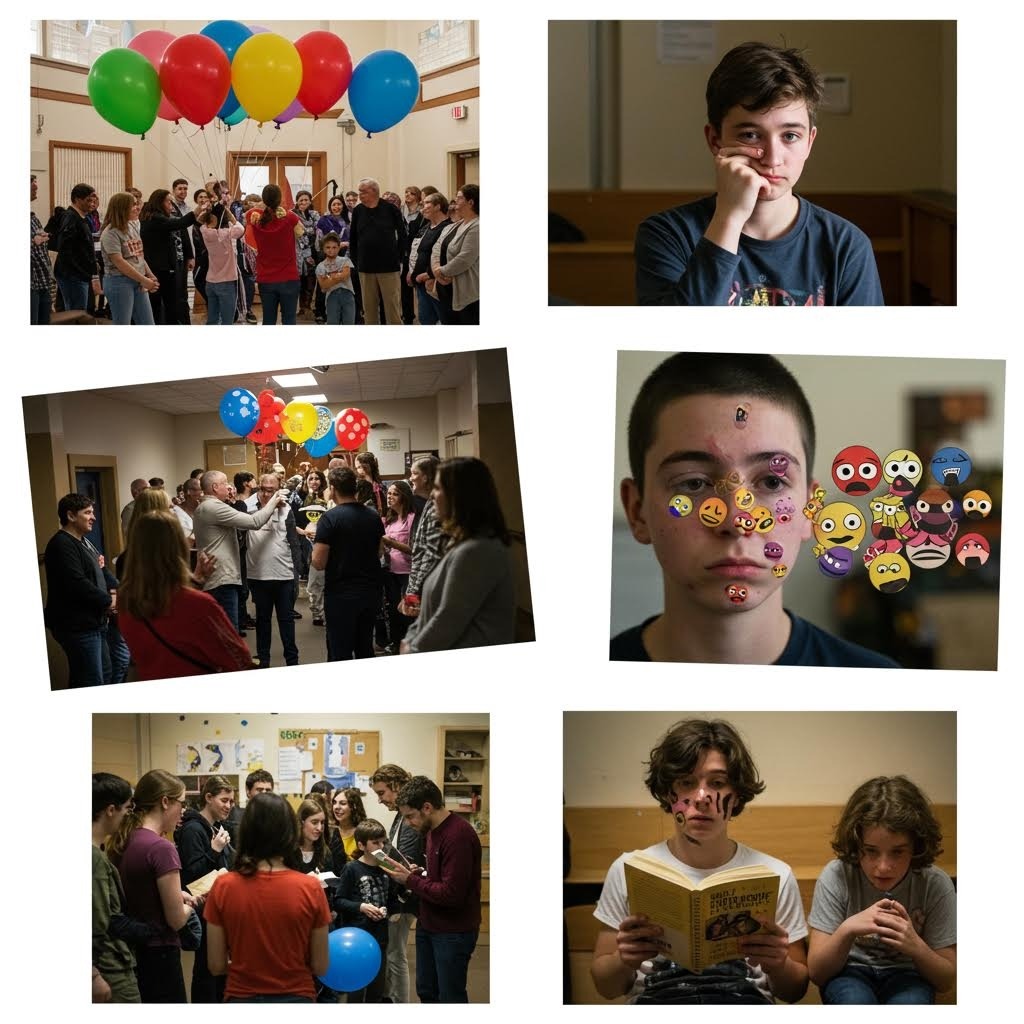 풍선 활동에 참여하는 아이들과, 감정 스티커가 얼굴에 붙어 있는 학생들의 모습으로 구성된 감정 교육·사회 정서 학습 장면