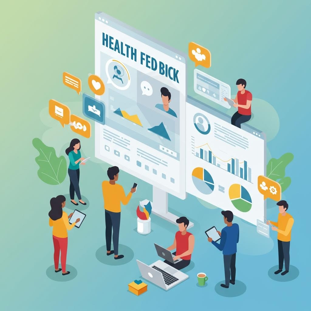 온카스터디 헬스 피드백 플랫폼: 대형 모니터에 건강 데이터·차트 표시된 사람들 협업 일러스트.