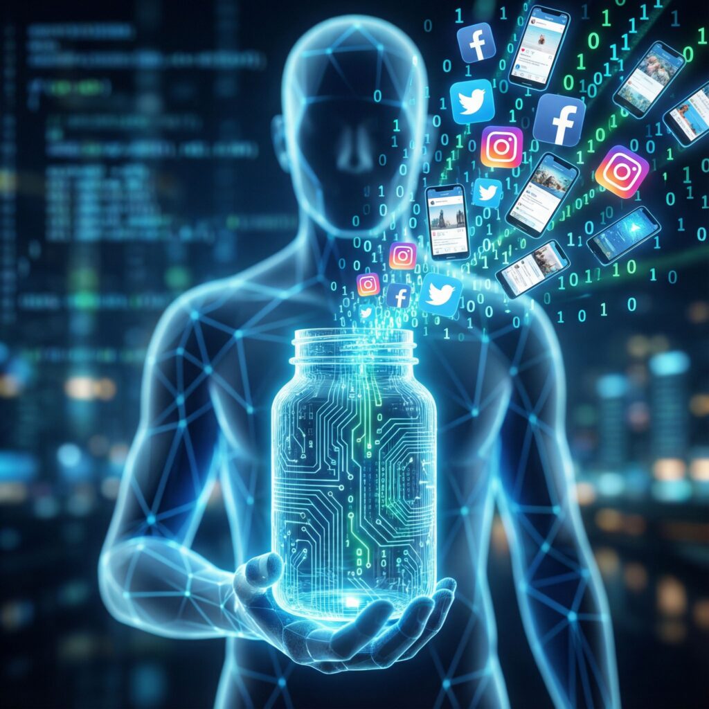 빛나는 디지털 약병에서 소셜 미디어 아이콘과 스마트폰 화면이 넘쳐흐르며, 반투명한 현대인의 실루엣이 이를