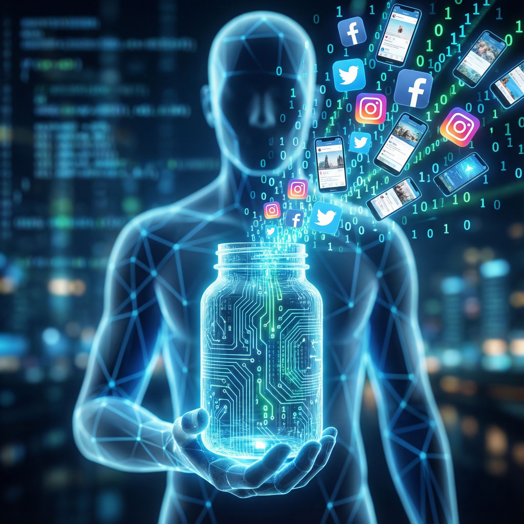 빛나는 디지털 약병에서 소셜 미디어 아이콘과 스마트폰 화면이 넘쳐흐르며, 반투명한 현대인의 실루엣이 이를