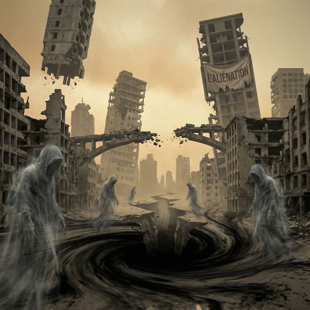 균열이 가고 무너지는 풍경 속에 불만에 찬 유령 같은 형체와 어둠의 공허가 확산되어 소외와 무규범을