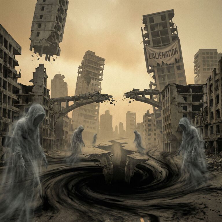 균열이 가고 무너지는 풍경 속에 불만에 찬 유령 같은 형체와 어둠의 공허가 확산되어 소외와 무규범을