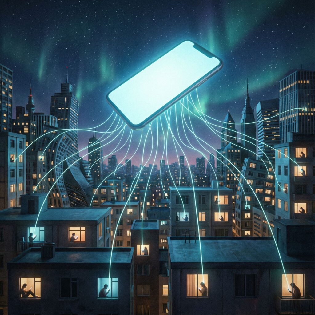 도시 위에 떠 있는 빛나는 스마트폰이 창문마다 고립된 사람들과 빛줄기로 연결된 초현실적인 풍경이다.