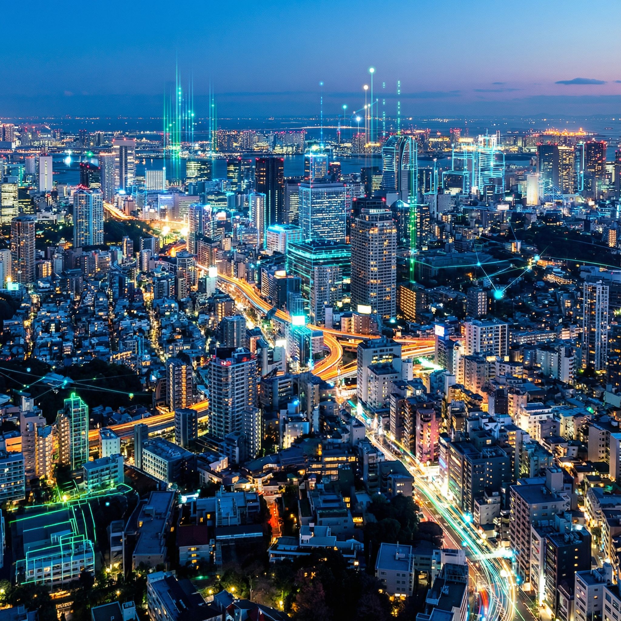 실제 도시 위에 중첩된 빛나는 디지털 도시의 선형 구조가 데이터 흐름으로 연결된 모습이다.