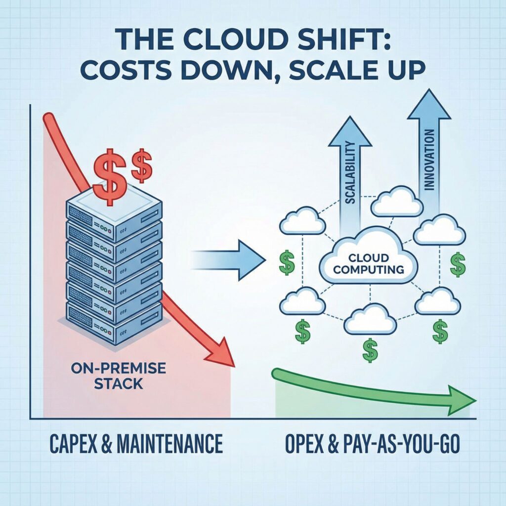 왼쪽의 회색 서버 랙에서 오른쪽의 푸른색 구름 아이콘으로 전환되며, 아래로 내려가는 비용 곡선과 위로