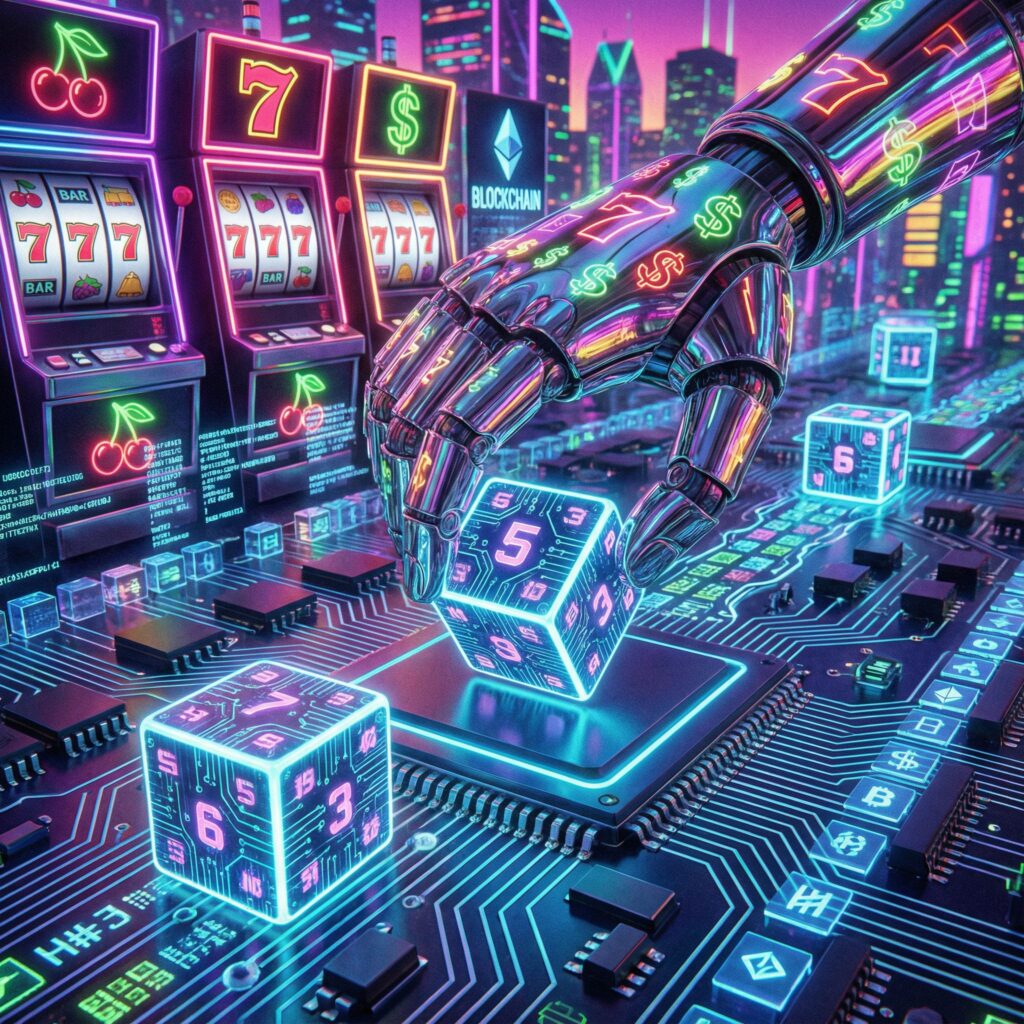 로봇 팔이 네온 불이 반사되는 블록체인 회로판 위에서 디지털 주사위를 굴리는 초현실적인 모습이다.