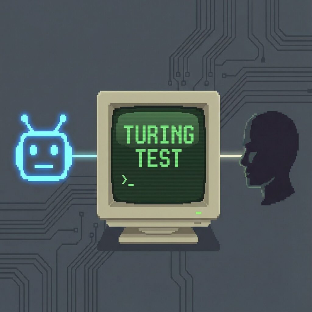 검은색 실루엣과 단순한 챗봇 아이콘이 터링 테스트라고 적힌 컴퓨터 화면을 사이에 두고 마주하고 있습니다.