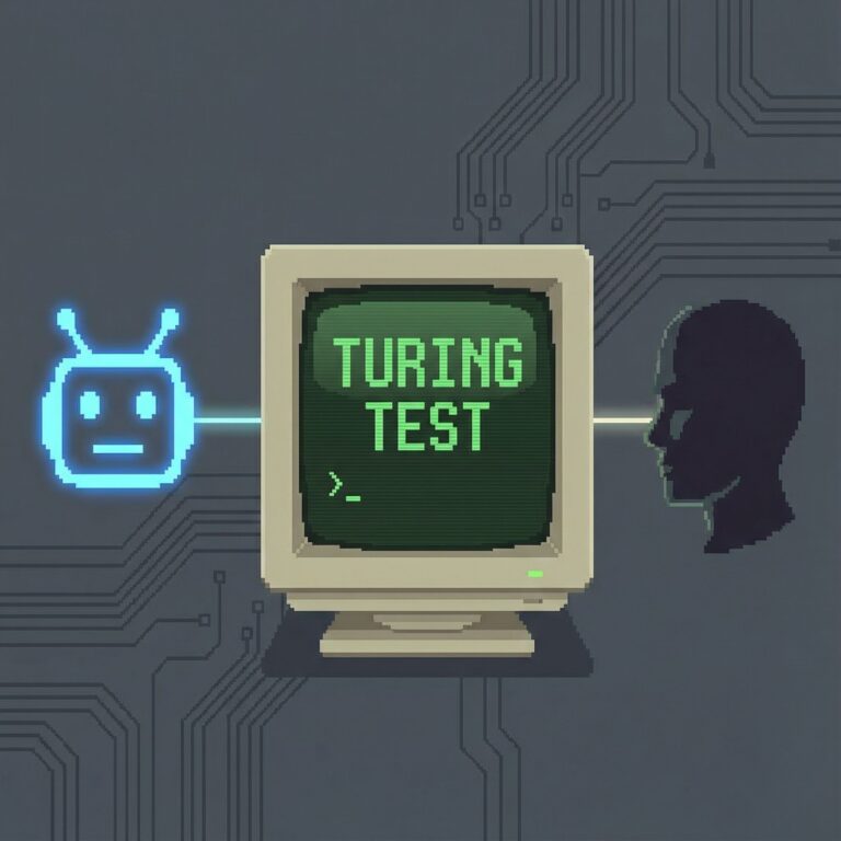 검은색 실루엣과 단순한 챗봇 아이콘이 터링 테스트라고 적힌 컴퓨터 화면을 사이에 두고 마주하고 있습니다.