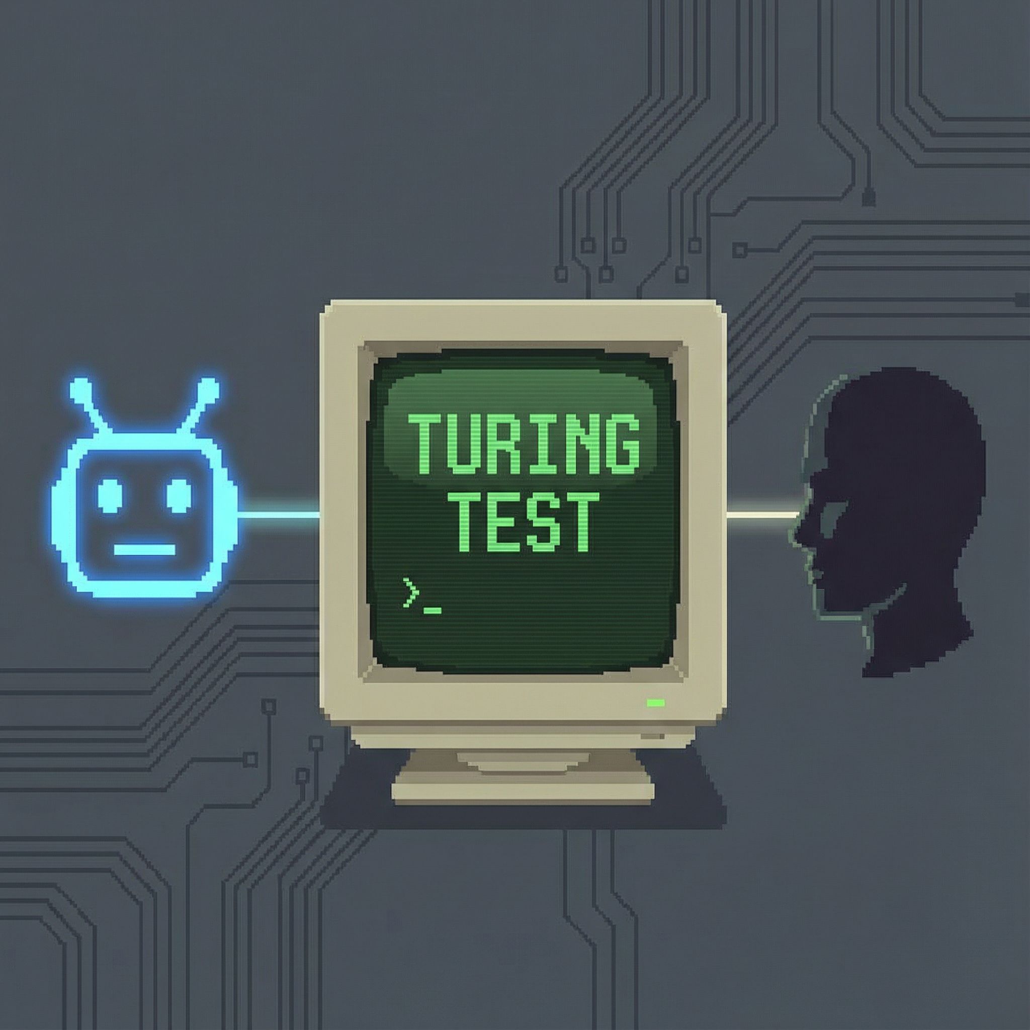 검은색 실루엣과 단순한 챗봇 아이콘이 터링 테스트라고 적힌 컴퓨터 화면을 사이에 두고 마주하고 있습니다.