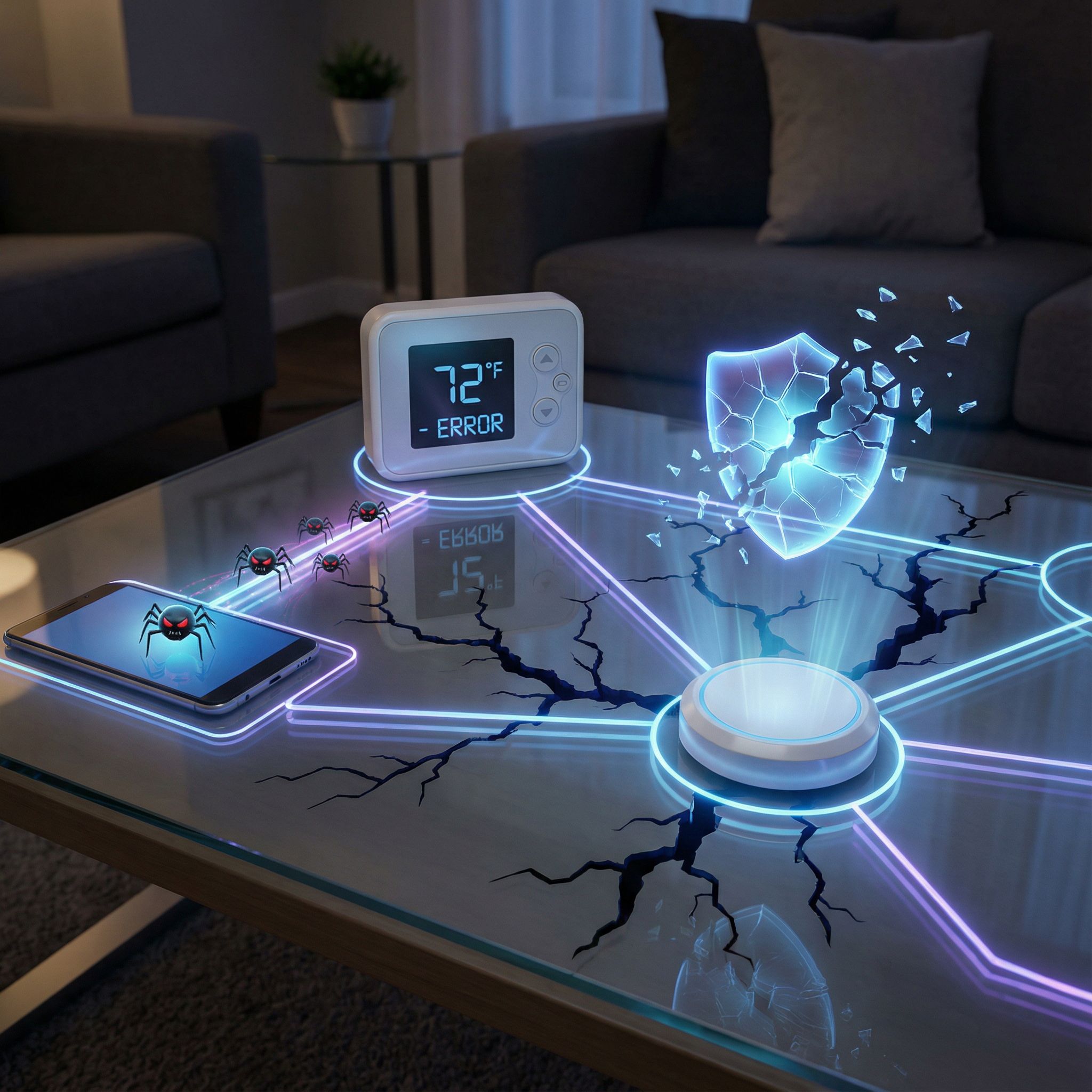 빛나는 스마트홈 네트워크에 검은 디지털 금이 가고, 바이러스가 휴대폰에서 온도조절기로 기어가며 방패