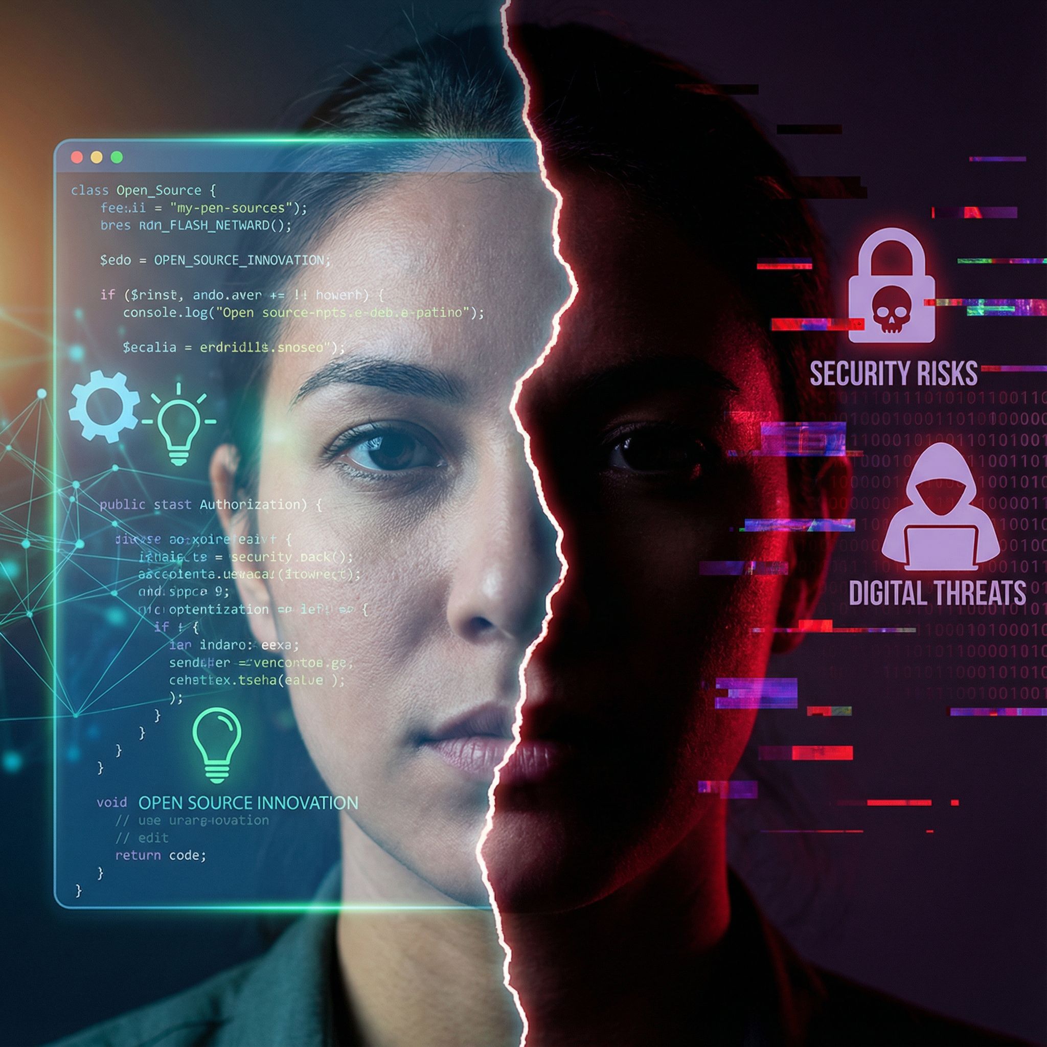 한쪽은 푸른 빛 코드가 빛나는 얼굴 반쪽, 다른 쪽은 붉은 위협 요소가 어두운 그림자로 드리운 분할된