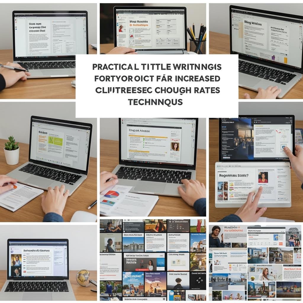 여러 화면에서 콘텐츠 작성과 제목 최적화 작업을 보여주는 실무 중심 콜라주 이미지
