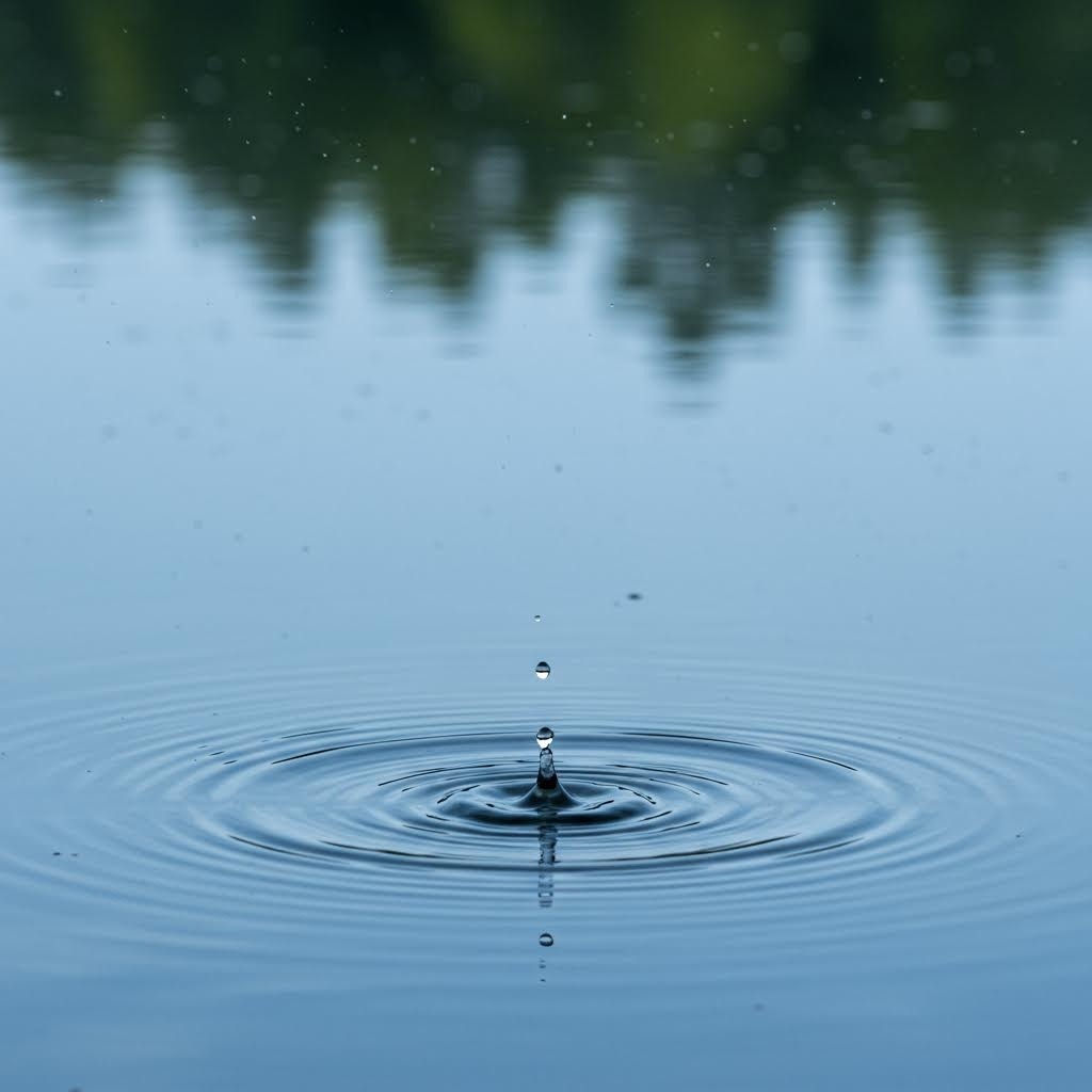 고요한 수면 위로 물방울이 떨어지며 동심원 파장이 퍼져 나가는 장면