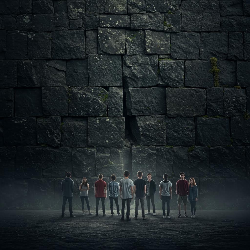 거대한 돌벽 앞에 모여 서 있는 사람들의 모습으로, 압도적인 공간감을 표현한 장면