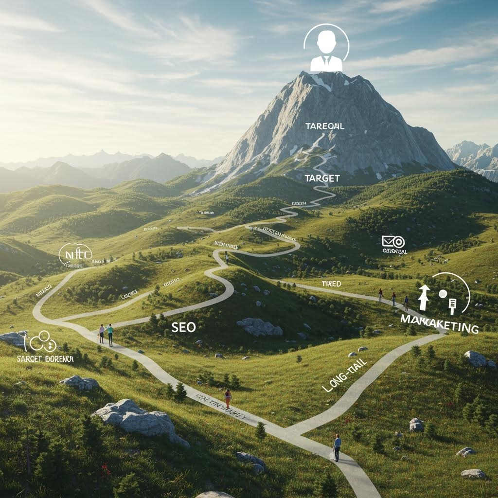 산 정상의 목표를 향해 이어지는 길에 SEO와 마케팅 단계를 배치한 여정형 시각화