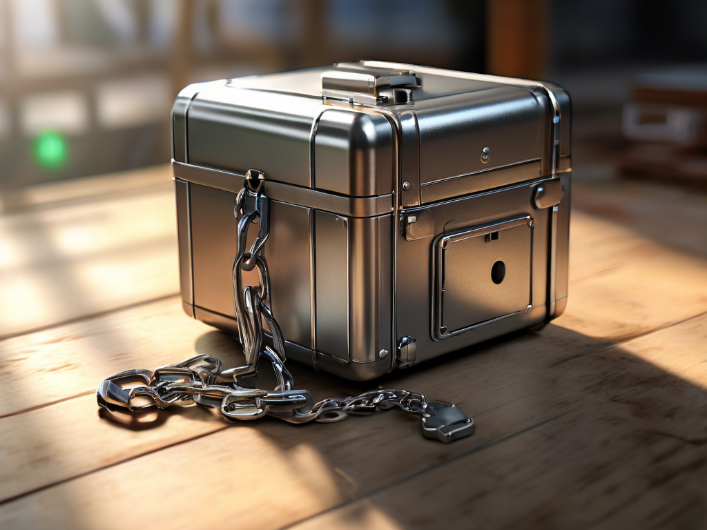 Brushed metal surface holds a sealed case and small blocks with chain links, representing device name labels before adding family.