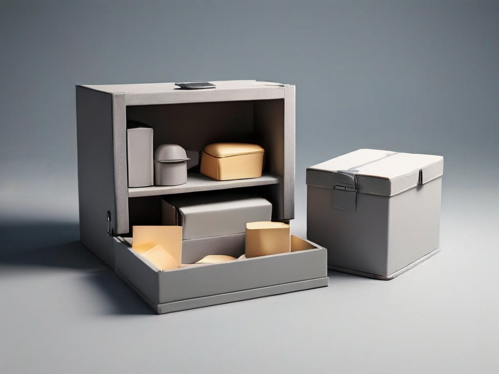 Small archive boxes and blank compartment inserts on a gray surface, representing smart home device name labels for family member.