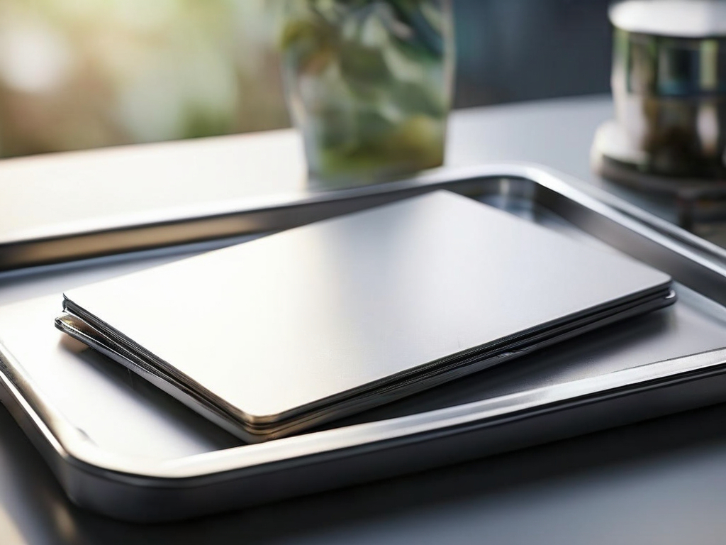 Blank divider cards and compact storage tray on brushed metal surface with angled morning light.