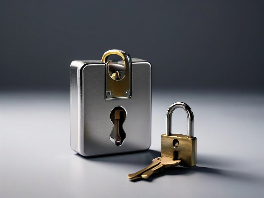 A small metal lock, closed key case, and blank security card arranged on a matte gray surface, symbolizing account safety.