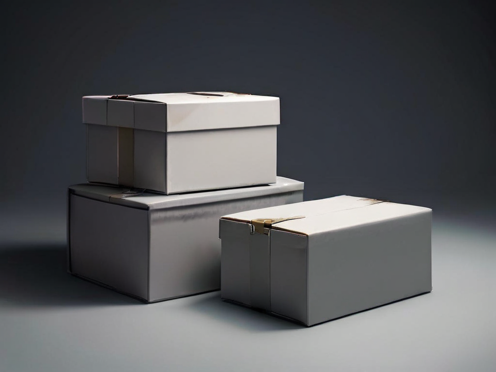 Stacked blank archive boxes and sleeves on gray surface, soft side light, clean shadows, minimal professional storage composition.