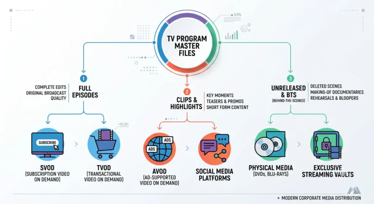 How Full Episodes, Clips, and Unreleased Videos From a TV Program Are Distributed Across Different Services