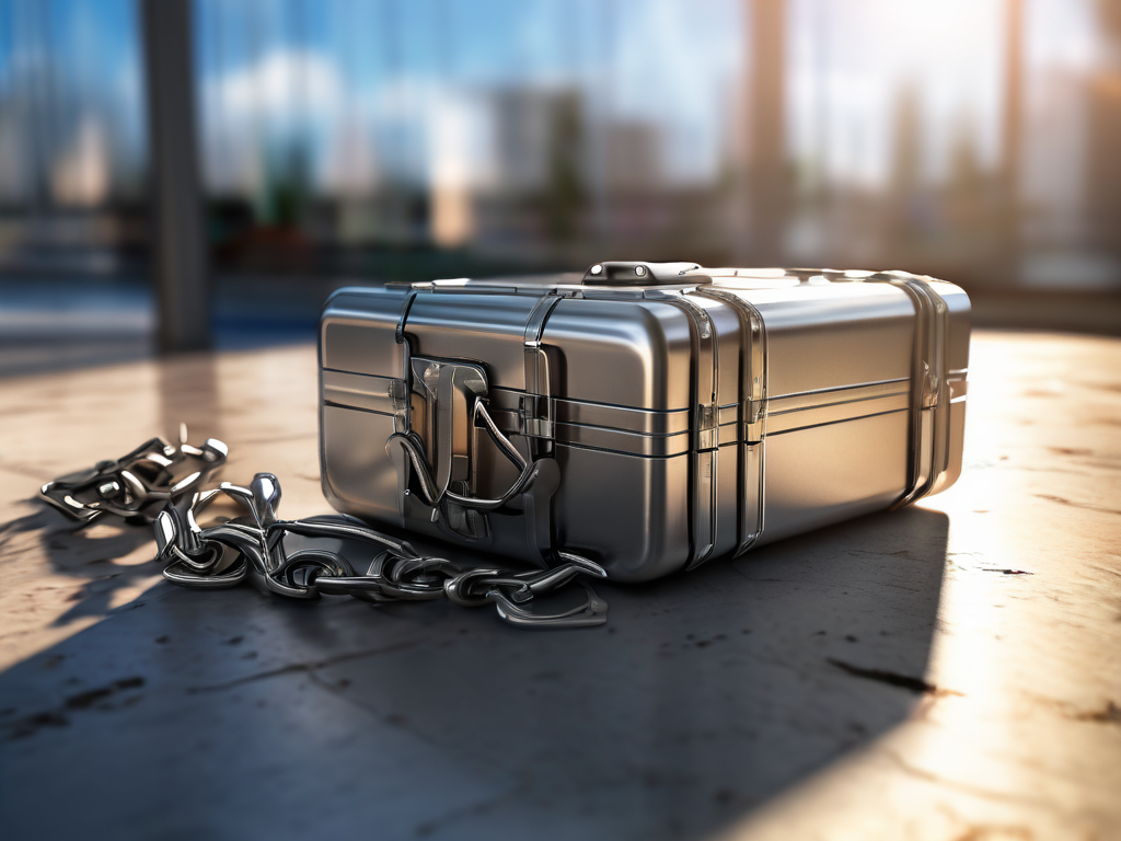 Brushed metal case with chain and small blocks representing connected file locations in morning light.