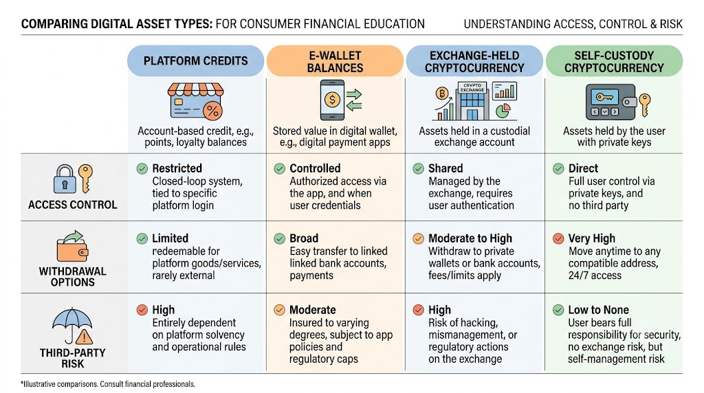 Comparison of platform credits, e-wallet balances, exchange-held crypto, and self-custody by control and withdrawal risk.