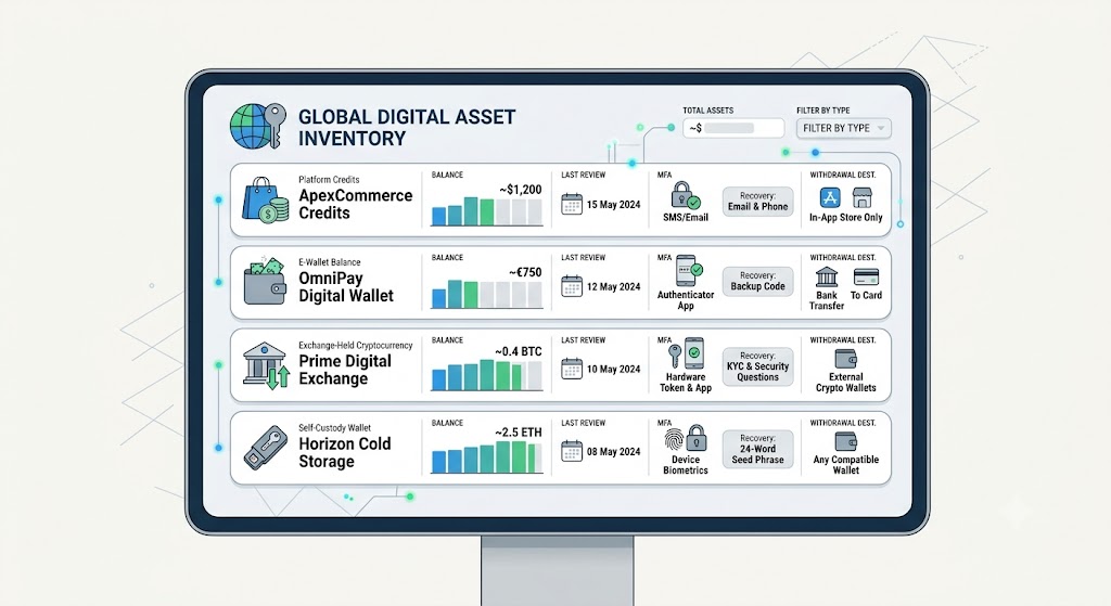 Digital asset inventory tracking service, asset type, balance, recovery method, and withdrawal destination.