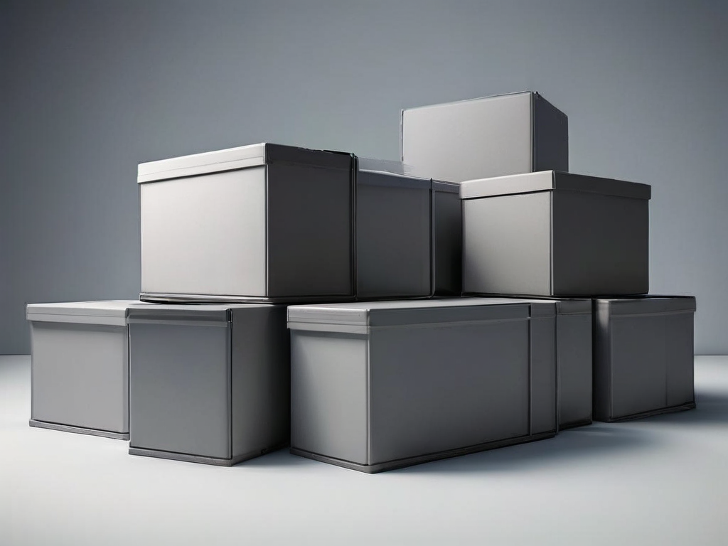 Three stacked archive boxes with open blank compartments on a gray studio surface, soft side lighting.